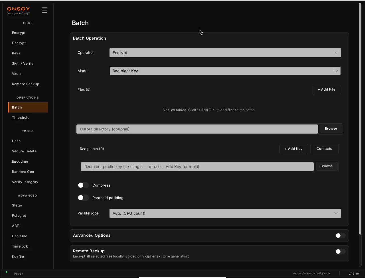 QNSQY Batch screen: Operation set to Encrypt, Mode set to Password, an empty file list reading 'No files added', an output-directory field with a Browse button, Compress and Paranoid-padding toggles, and a Parallel jobs selector set to Auto (CPU count).