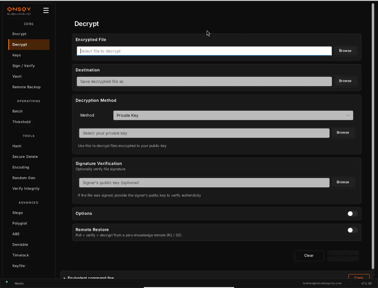 QNSQY Decrypt screen: Encrypted File and Destination file pickers, a Decryption Method dropdown set to Password, an optional Signer's public key field, and Options / Remote Restore toggles.