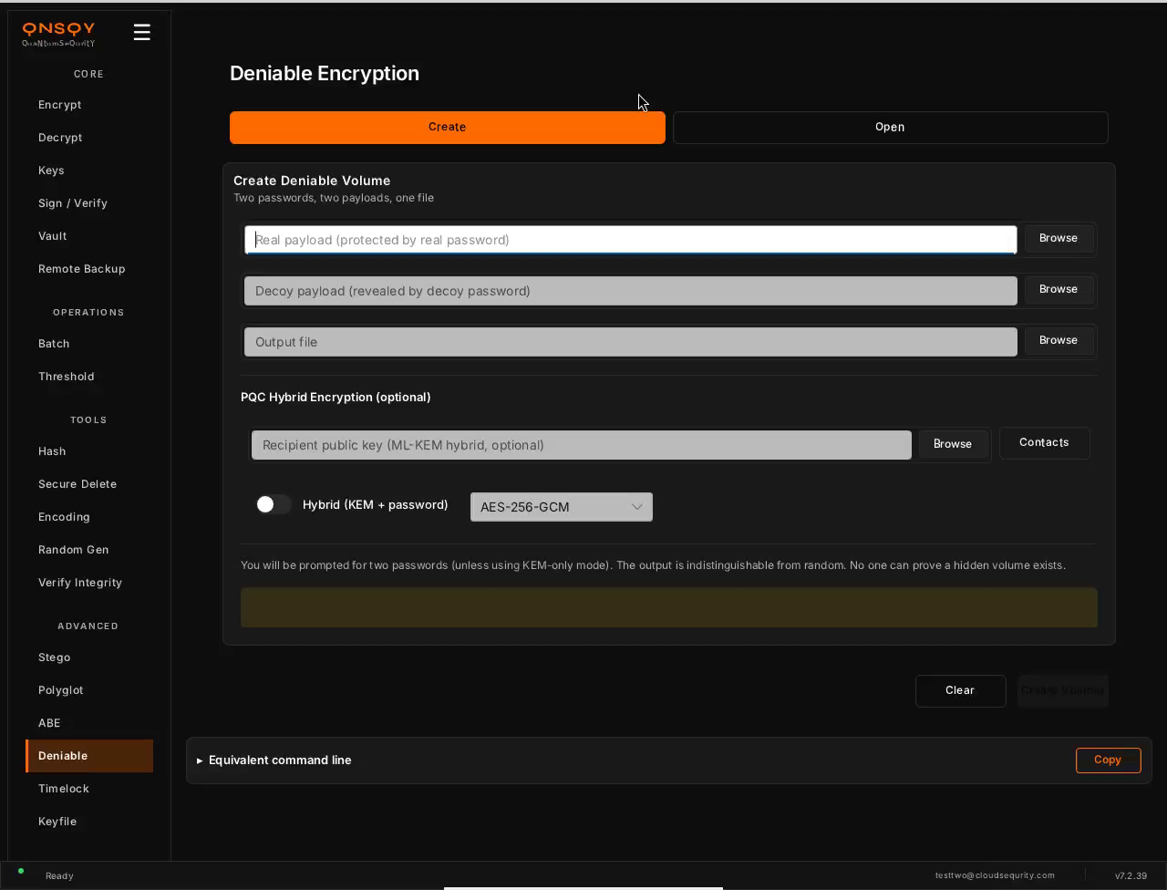 QNSQY Deniable Encryption screen on the Create tab: fields for a real payload, a decoy payload and an output file, plus an optional PQC Hybrid Encryption section with a recipient public key field and a Hybrid (KEM + password) toggle set to AES-256-GCM.