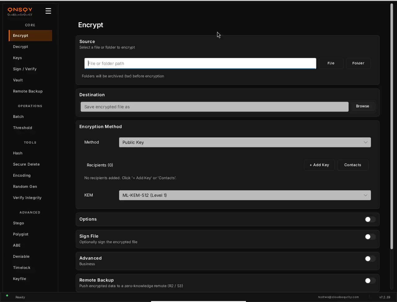 Encrypt selected in the CORE section of the left navigation, showing the Encrypt screen