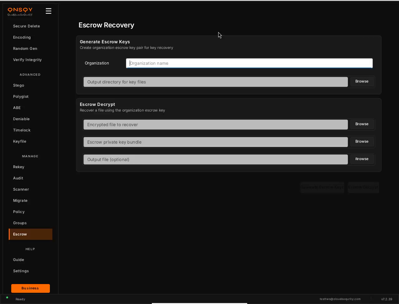 The Escrow Recovery screen on Linux