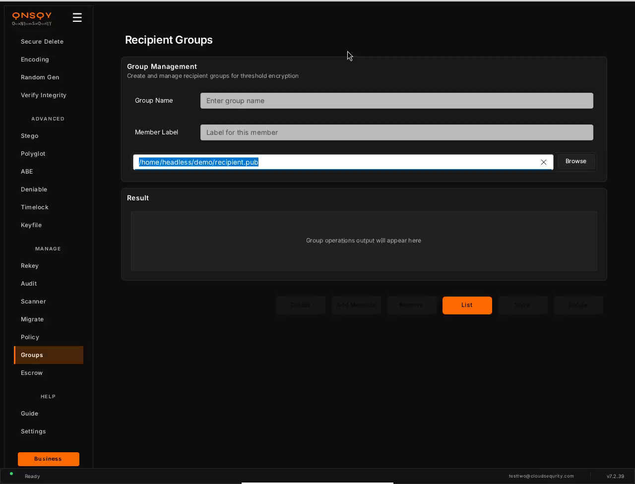 The Recipient Groups screen on Linux
