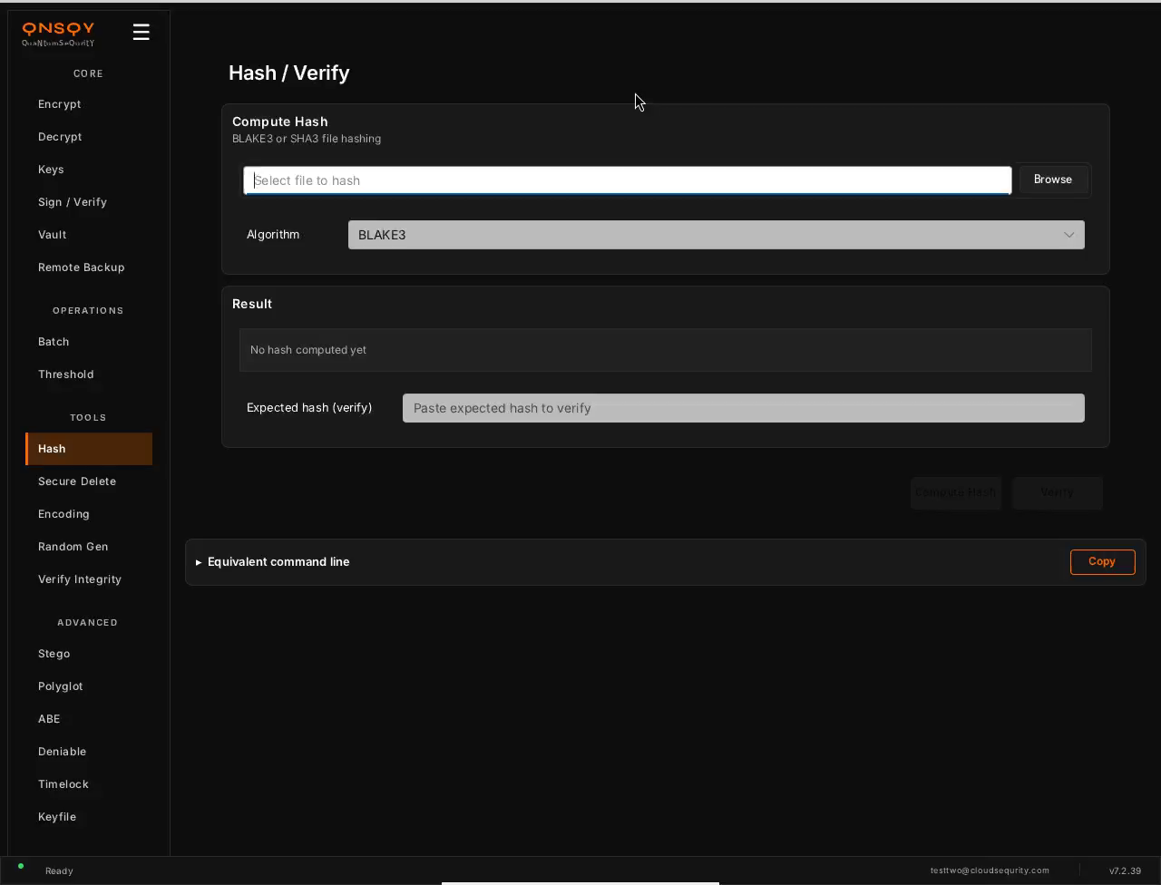 QNSQY Hash / Verify screen: a Compute Hash panel labelled 'BLAKE3 or SHA3 file hashing' with a 'Select file to hash' field and Browse button, an Algorithm dropdown set to BLAKE3, a Result panel reading 'No hash computed yet', and an 'Expected hash (verify)' field.