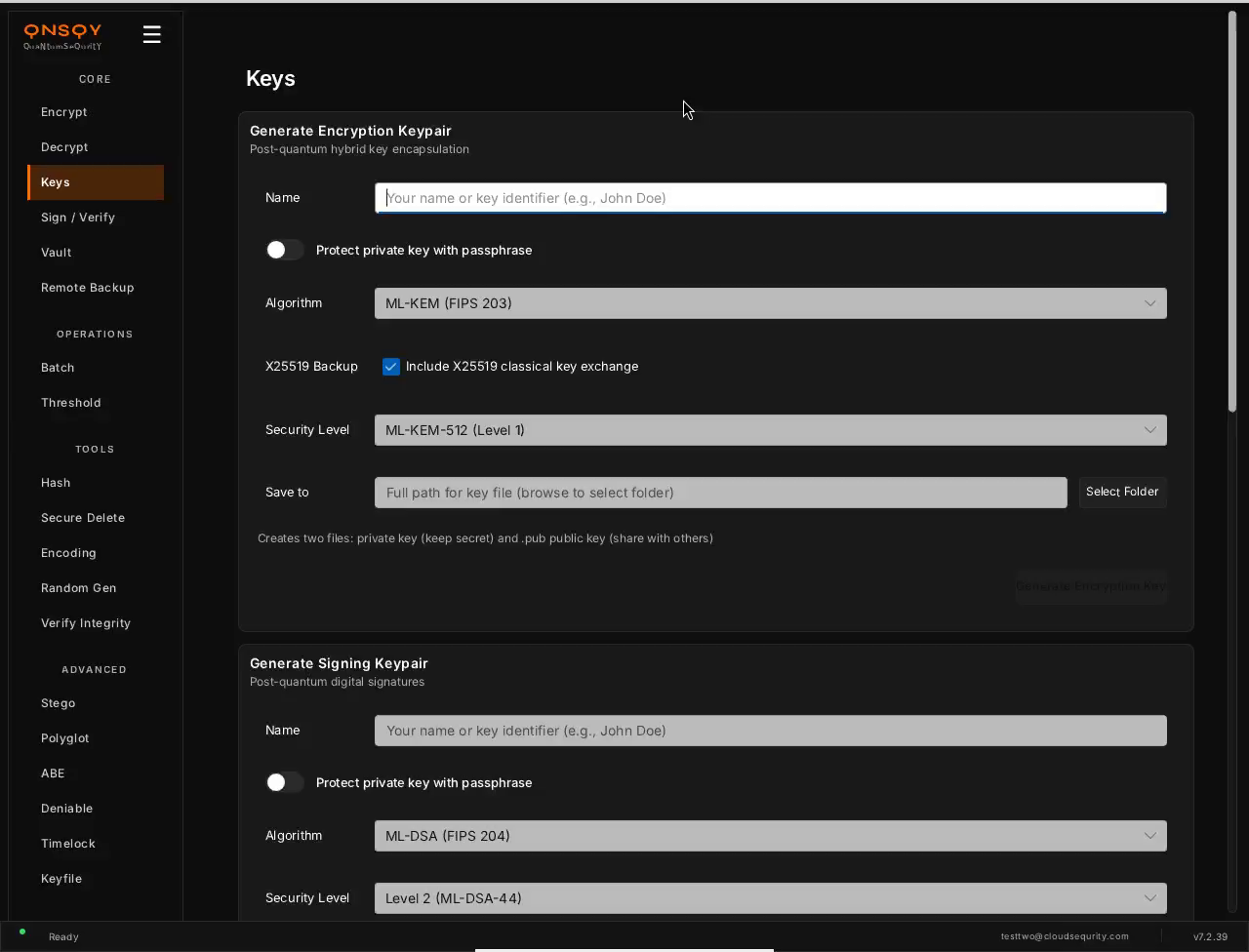 QNSQY Keys screen with two cards: Generate Encryption Keypair (Name, Protect private key with passphrase toggle, Algorithm ML-KEM FIPS 203, Include X25519 backup checkbox, Security Level ML-KEM-512 Level 1, Save to) and Generate Signing Keypair (Name, passphrase toggle, Algorithm ML-DSA FIPS 204, Security Level ML-DSA-44).