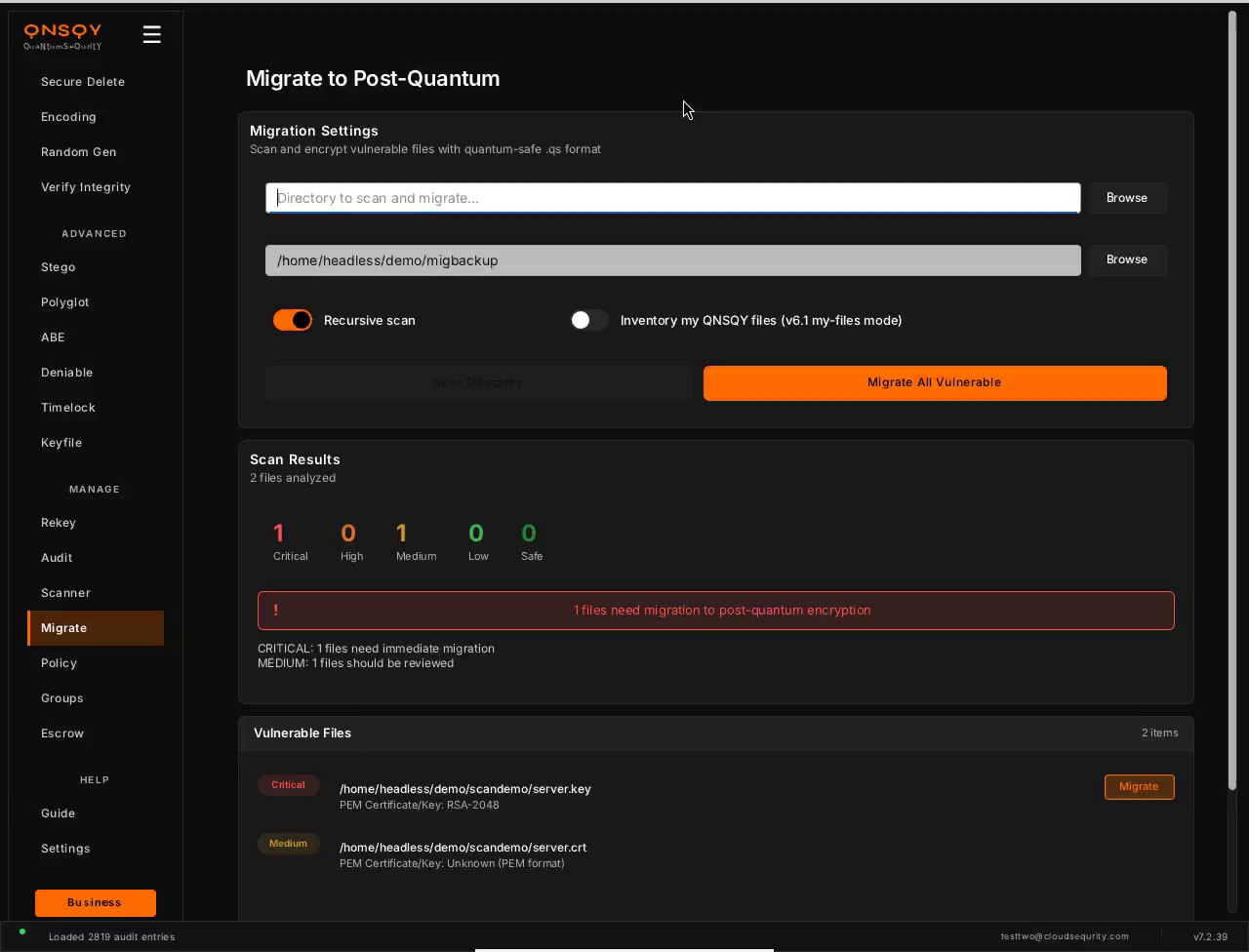 The Migrate to Post-Quantum screen on Linux