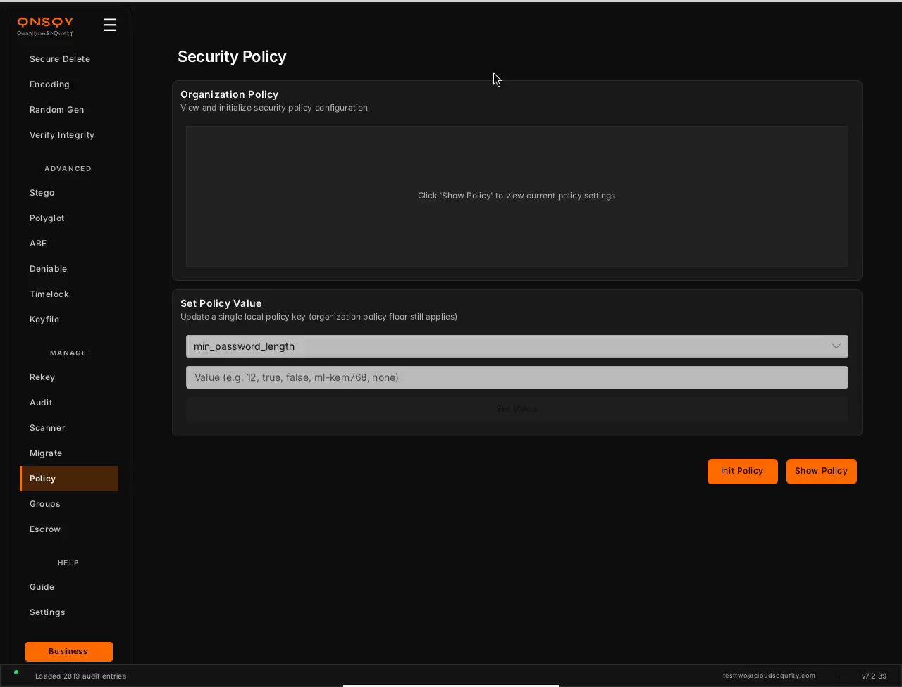 The Security Policy screen on Linux