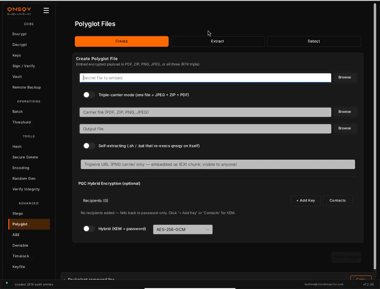 QNSQY Polyglot Files screen on the Create tab: a 'Create Polyglot File' panel with a Secret file picker, a Triple-carrier mode toggle, Carrier file and Output file pickers, a Self-extracting toggle, a Tripwire URL field, and a PQC Hybrid Encryption section with Recipients (0), plus Add Key and Contacts buttons, and a Hybrid (KEM + password) toggle with an AES-256-GCM dropdown.