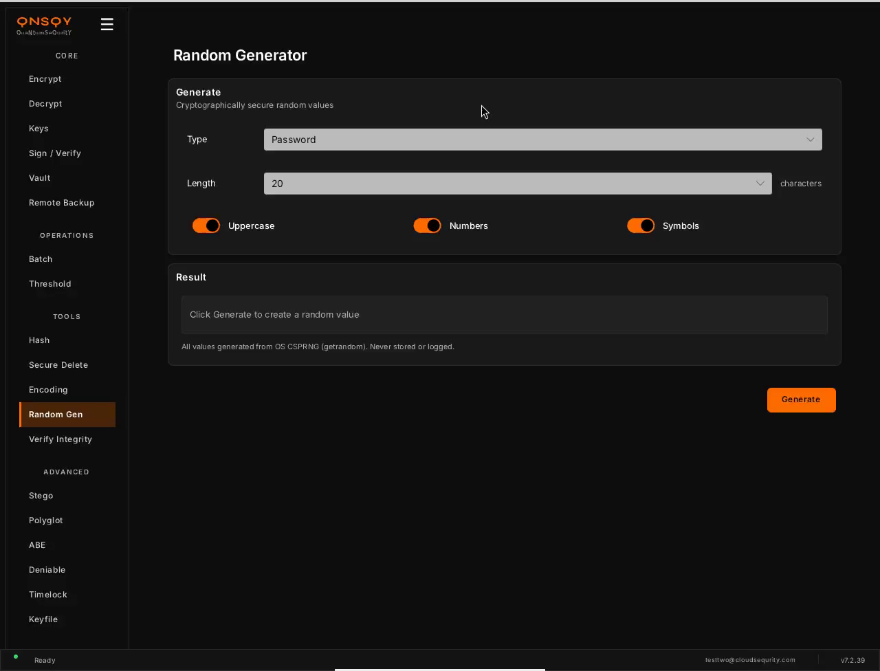 QNSQY Random Generator screen: a Generate panel with Type set to Password, Length 20 characters, and Uppercase, Numbers and Symbols toggles all on, above an empty Result panel reading 'Click Generate to create a random value'.