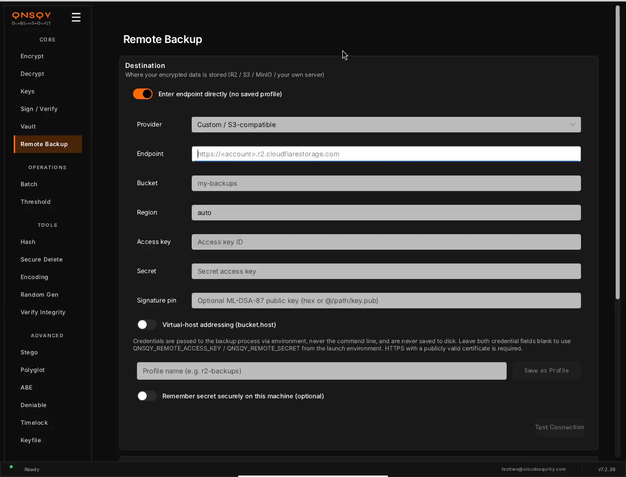 QNSQY Remote Backup screen: a Destination panel with Enter endpoint directly toggled on, a Provider dropdown set to Custom / S3-compatible, Endpoint, Bucket, Region, Access key, Secret, and an optional Signature pin field, plus a note that credentials are passed via environment and never saved to disk, and a Test Connection button.
