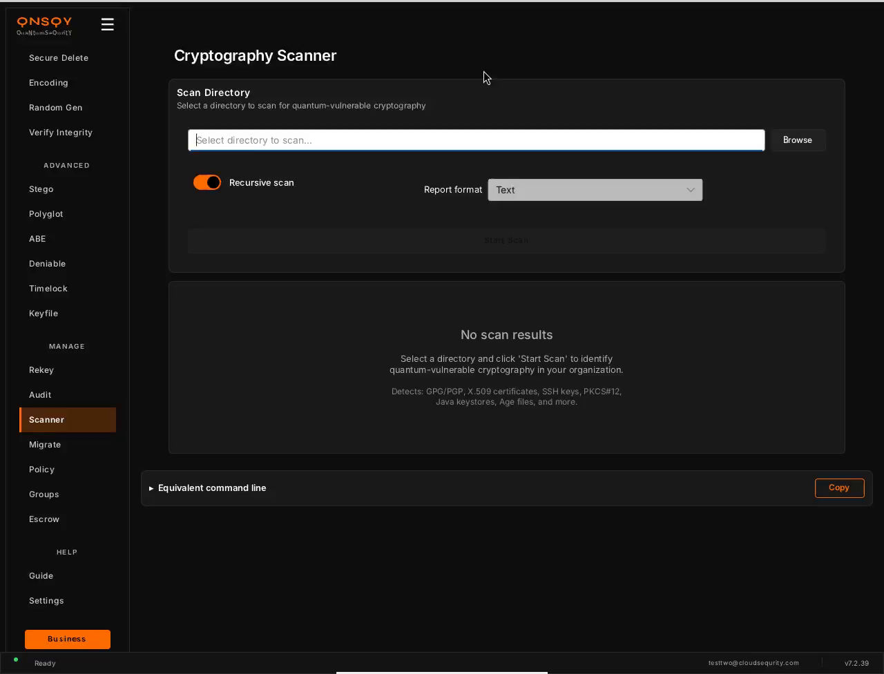The Cryptography Scanner screen on Linux