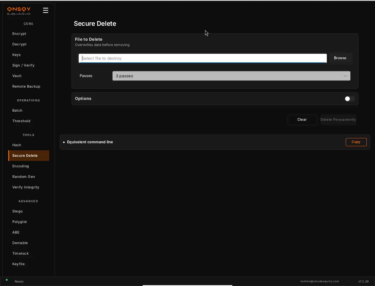 QNSQY Secure Delete screen: a 'File to Delete' panel labelled 'Overwrites data before removing' with a 'Select file to destroy' field and Browse button, a Passes dropdown set to '3 passes', an Options section, and Clear and Delete Permanently buttons.
