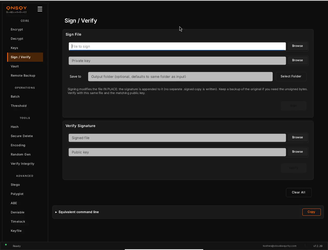 QNSQY Sign / Verify screen: a Sign File card with File to sign and Private key pickers and a note that signing modifies the file in place, and a Verify Signature card with Signed file and Public key pickers.