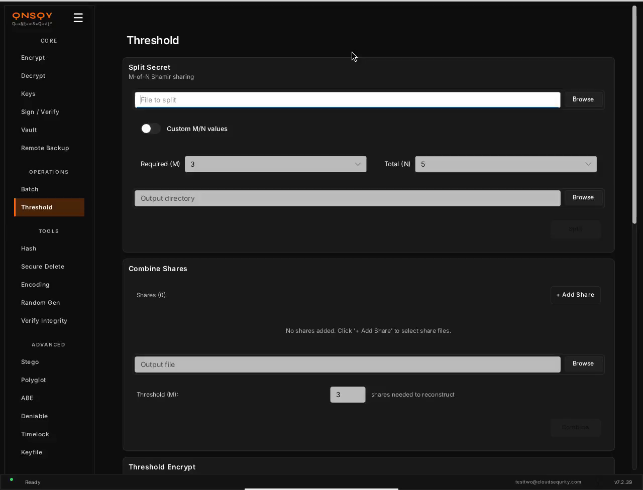 QNSQY Threshold screen showing a Split Secret panel labelled 'M-of-N Shamir sharing' with a file field, a Custom M/N values toggle, Required (M) set to 3 and Total (N) set to 5, plus a Combine Shares panel with an empty share list and a Threshold (M) field for reconstructing a secret.