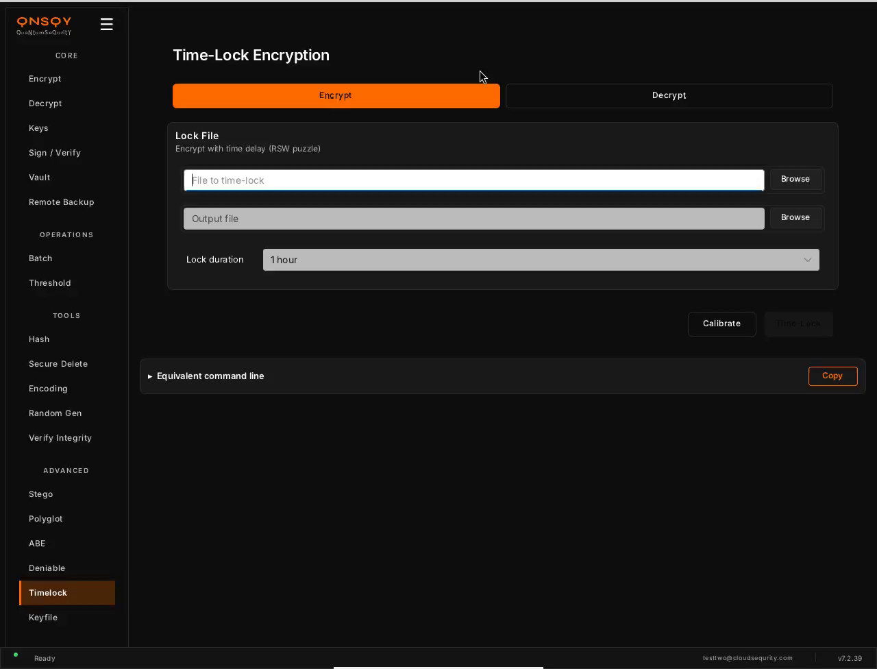 QNSQY Time-Lock Encryption screen on the Encrypt tab: a File to time-lock field, an Output file field, a Lock duration selector set to 1 hour, and Calibrate and Time-Lock buttons.