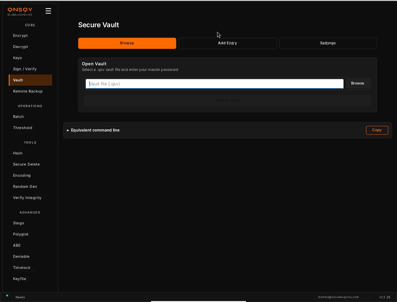 QNSQY Secure Vault screen with Browse / Add Entry / Settings tabs; the Browse tab shows an Open Vault panel with a .qsv vault-file picker and an Unlock Vault button.