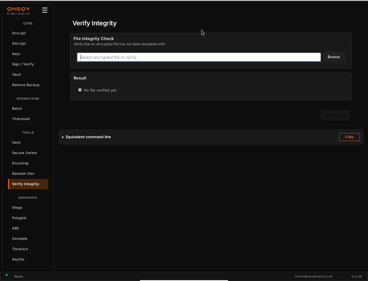 QNSQY Verify Integrity screen: a File Integrity Check panel with a 'Select encrypted file to verify' field and a Browse button, a Result panel reading 'No file verified yet', and an Equivalent command line box showing the qnsqy verify-integrity command with a Copy button.